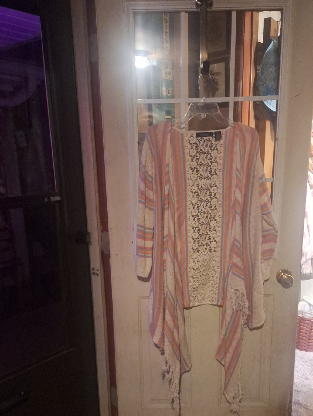 Striped Open-Front Cardigan with Lace Back